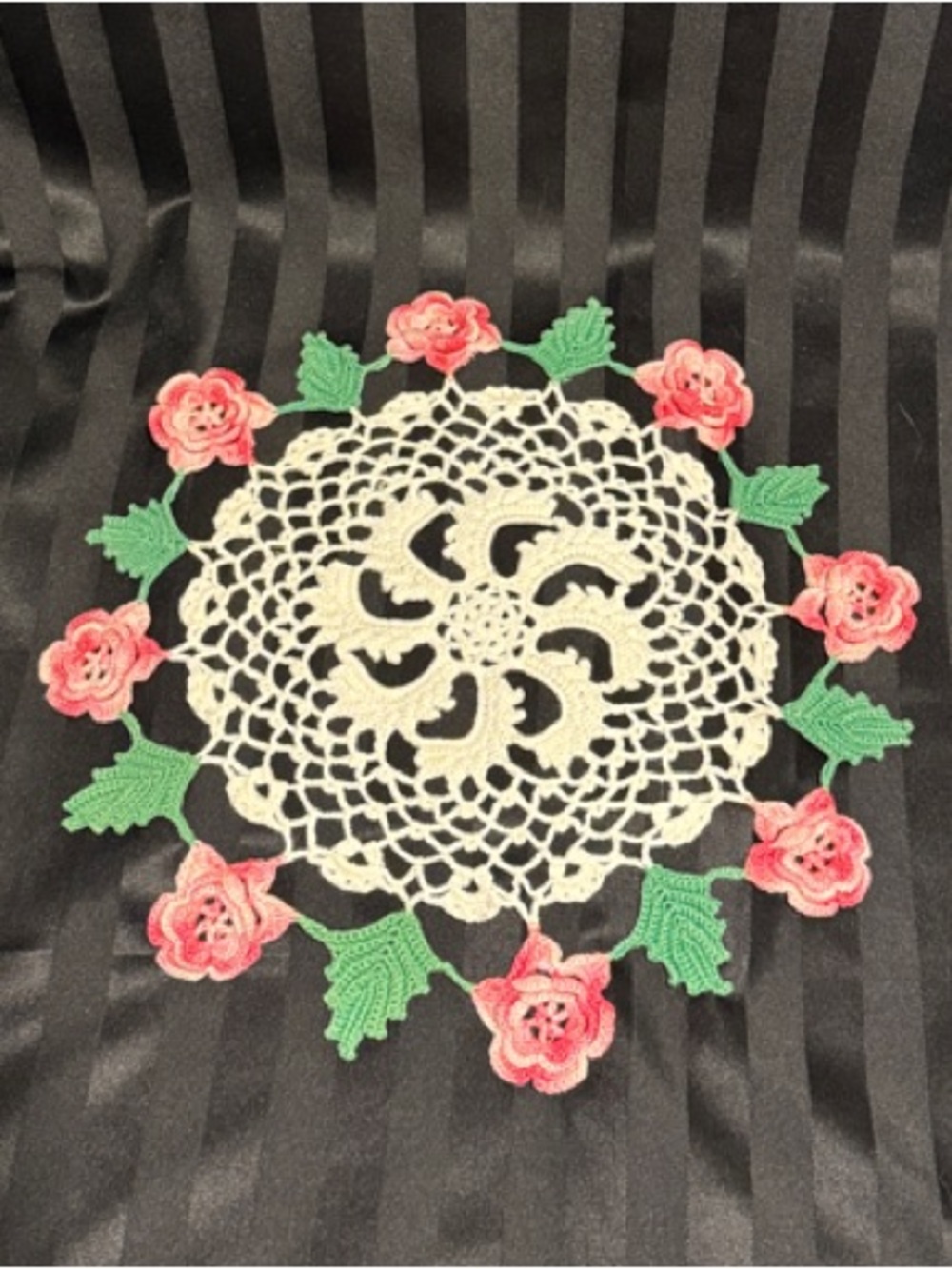 Crocheted Irish Rose Doily with Multi-toned Pink Roses